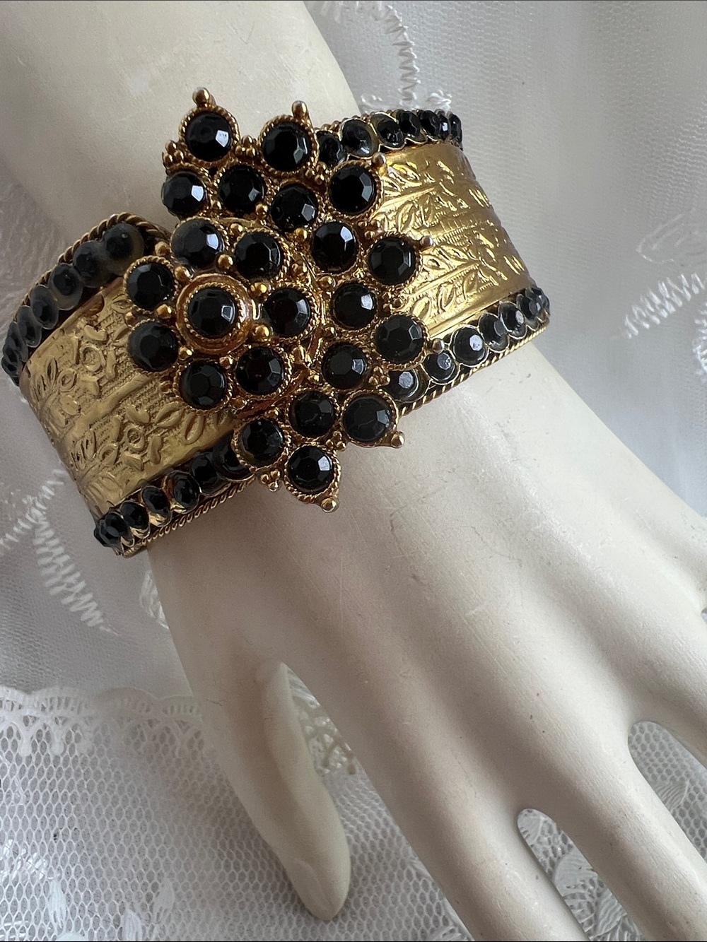 Gold and Black Crystal Statement Cuff Bracelet